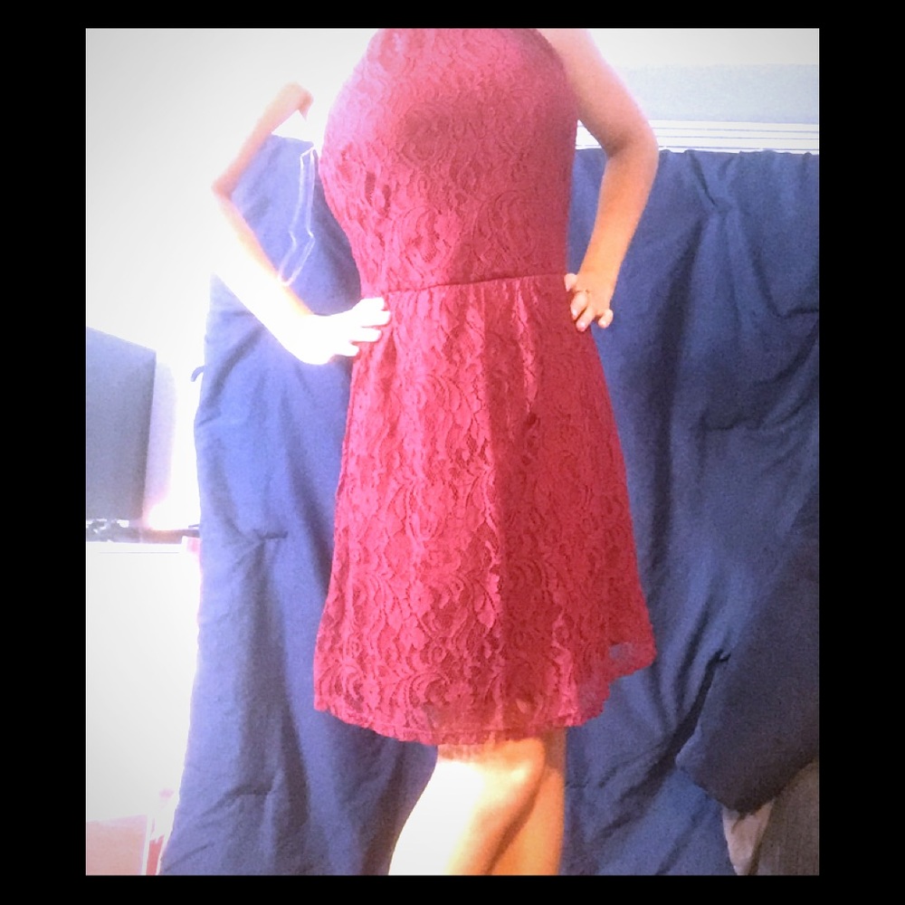 Red halter neckline dress, with skater skirt